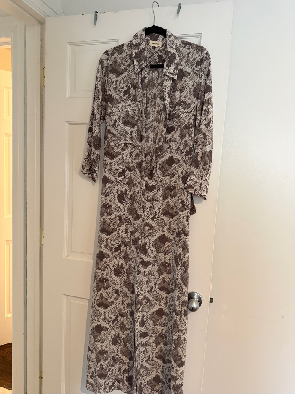 L'AGENCE Brown and Cream Snake-Print Midi Dress